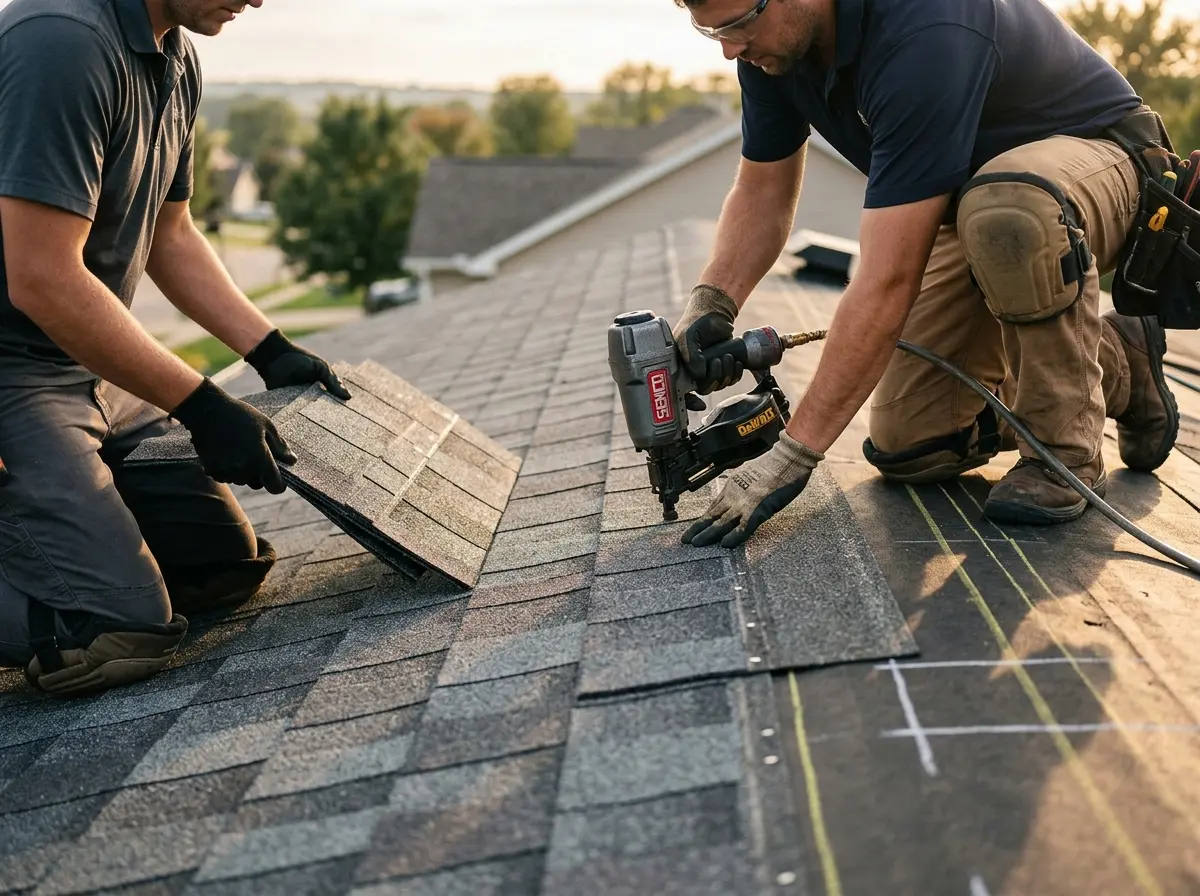 Professional roofer working on a residential roof in Arvada